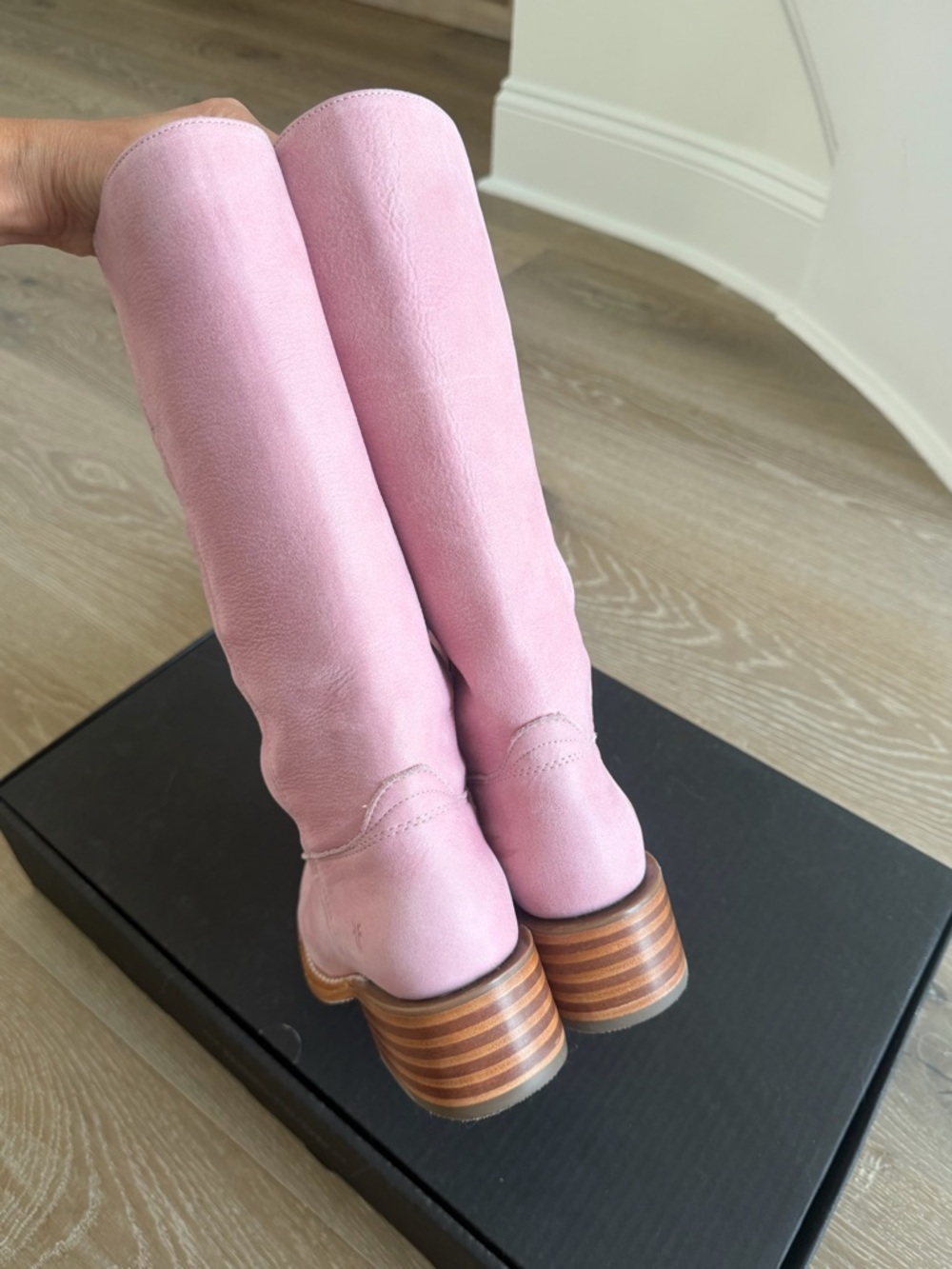 Frye Pink Leather Mid-Calf Stacked Heel Boots - Picture 5 of 8